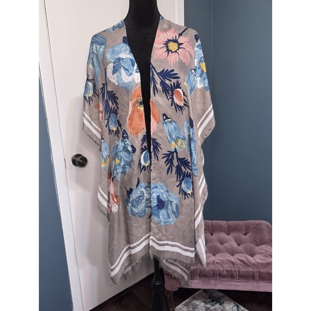 Woven Heart One Size Beige Open Kimono Cardigan Khaki Tan Floral Duster Topper